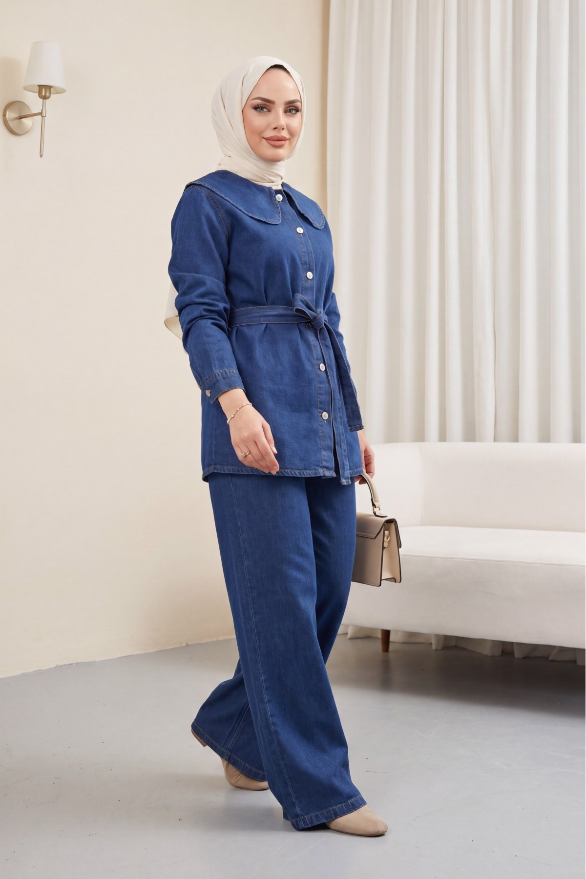 Baby Collar, Belted Waist, Button-Front Pants and Denim Set -İndigo