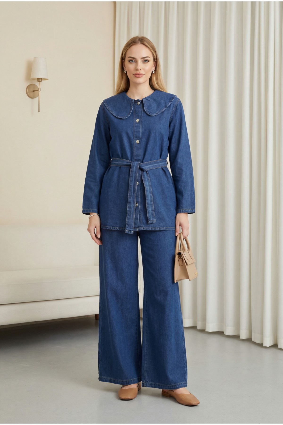 Baby Collar, Belted Waist, Button-Front Pants and Denim Set -İndigo