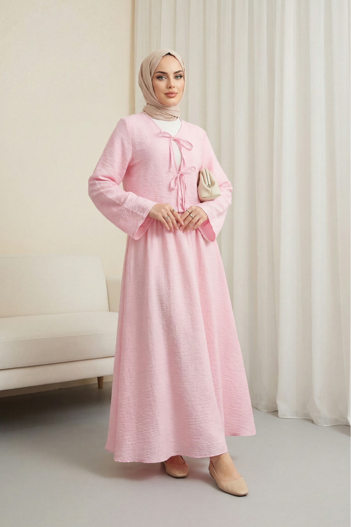 Lace-up Front, Lined Skirt, Crepe Fabric Kimono Set -Pink