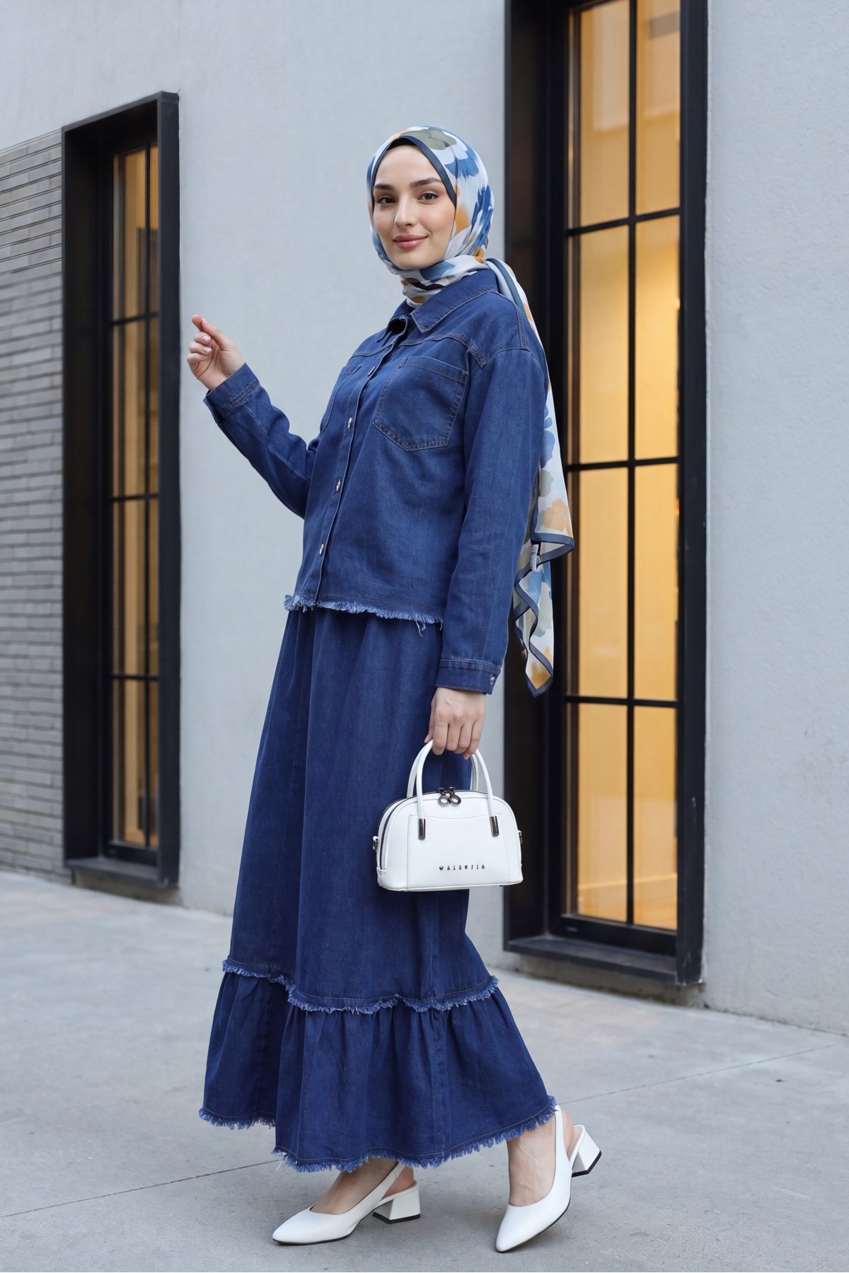 Shirt Collar Double Pocket Buttoned Denim Suit with Fringed Hem -İndigo