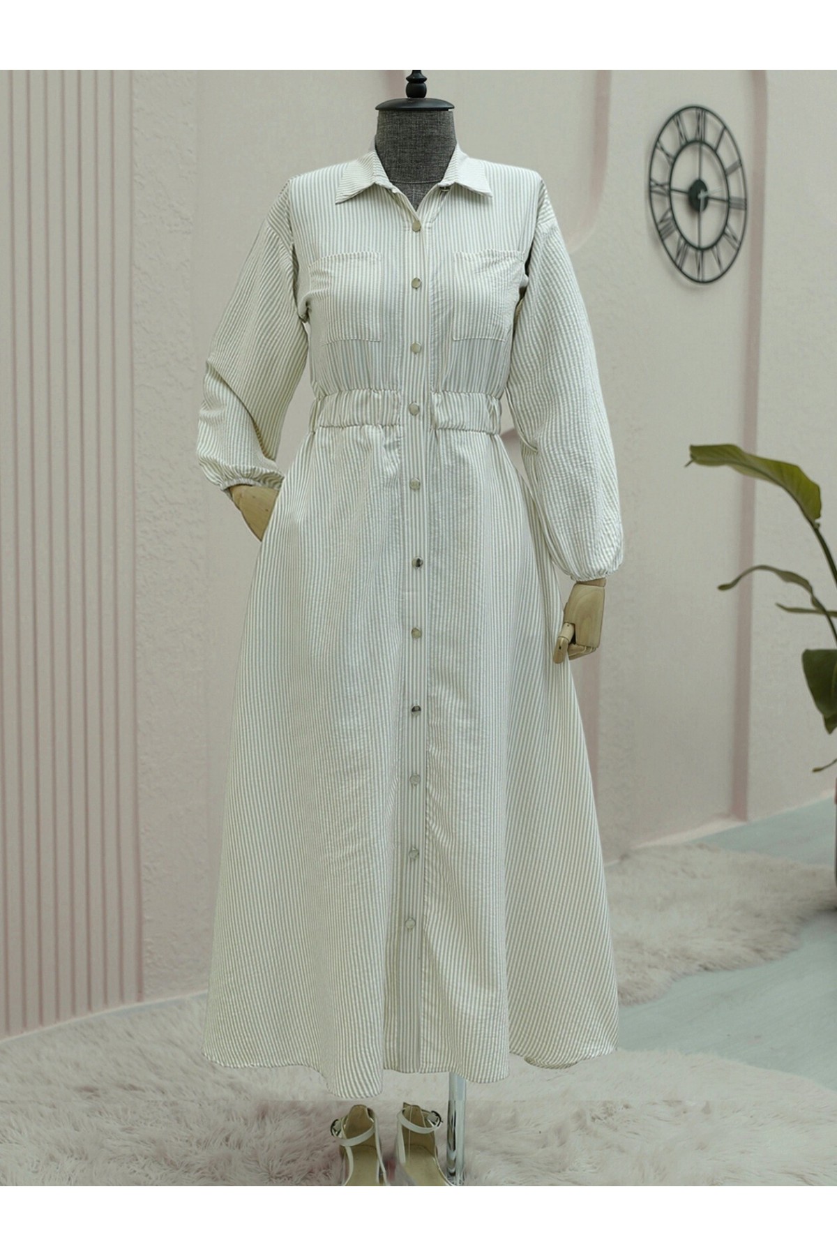 Striped Dress with Elastic Waist and Buttons - Beige detay görseli
