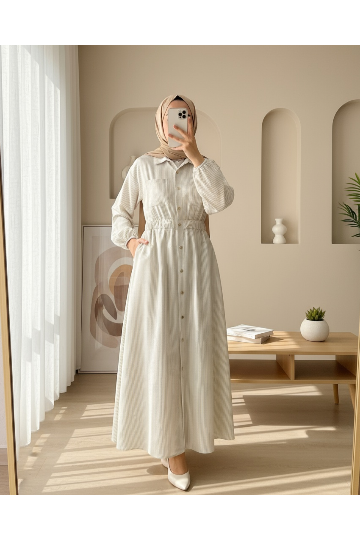 Striped Dress with Elastic Waist and Buttons - Beige