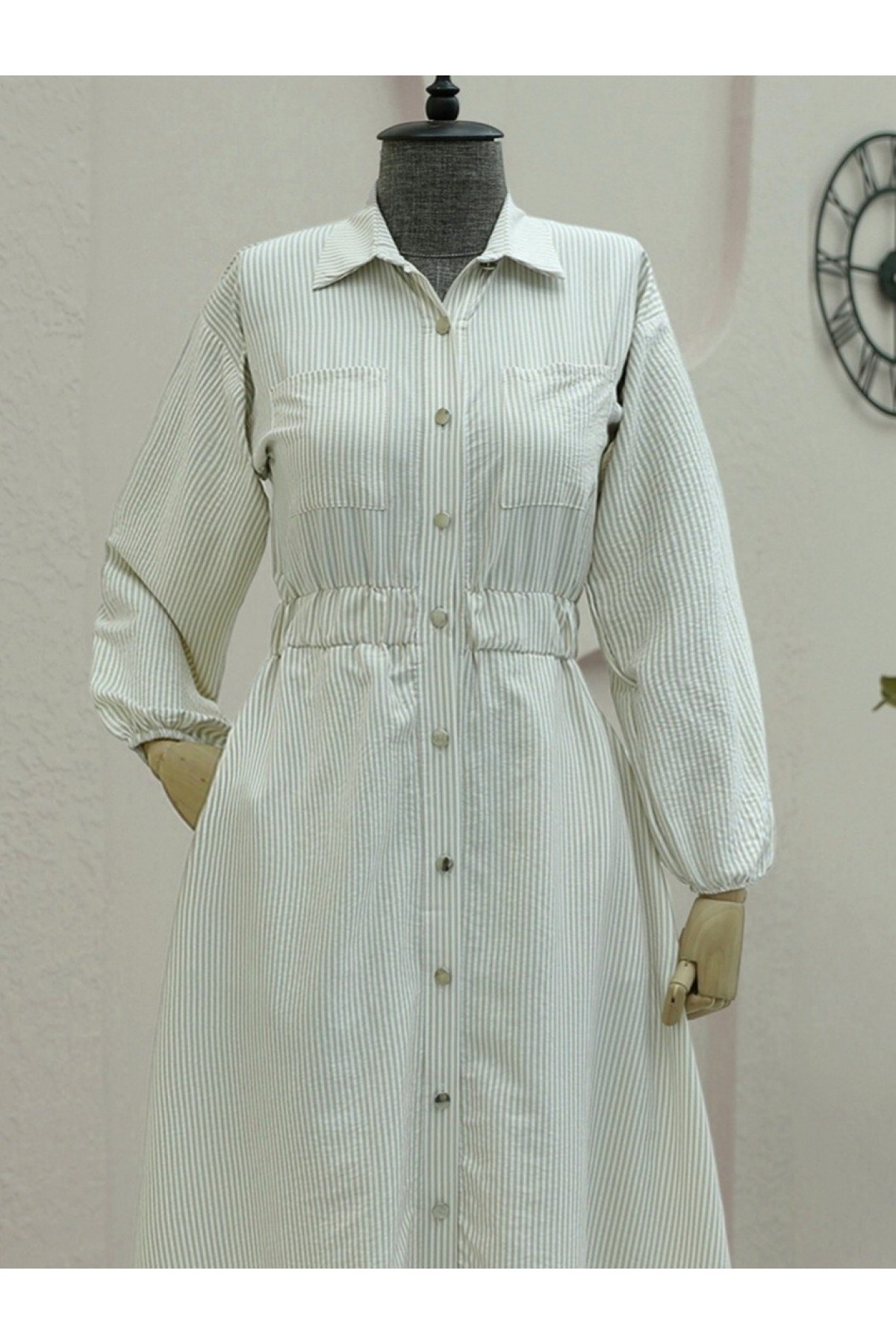 Striped Dress with Elastic Waist and Buttons - Beige detay görseli