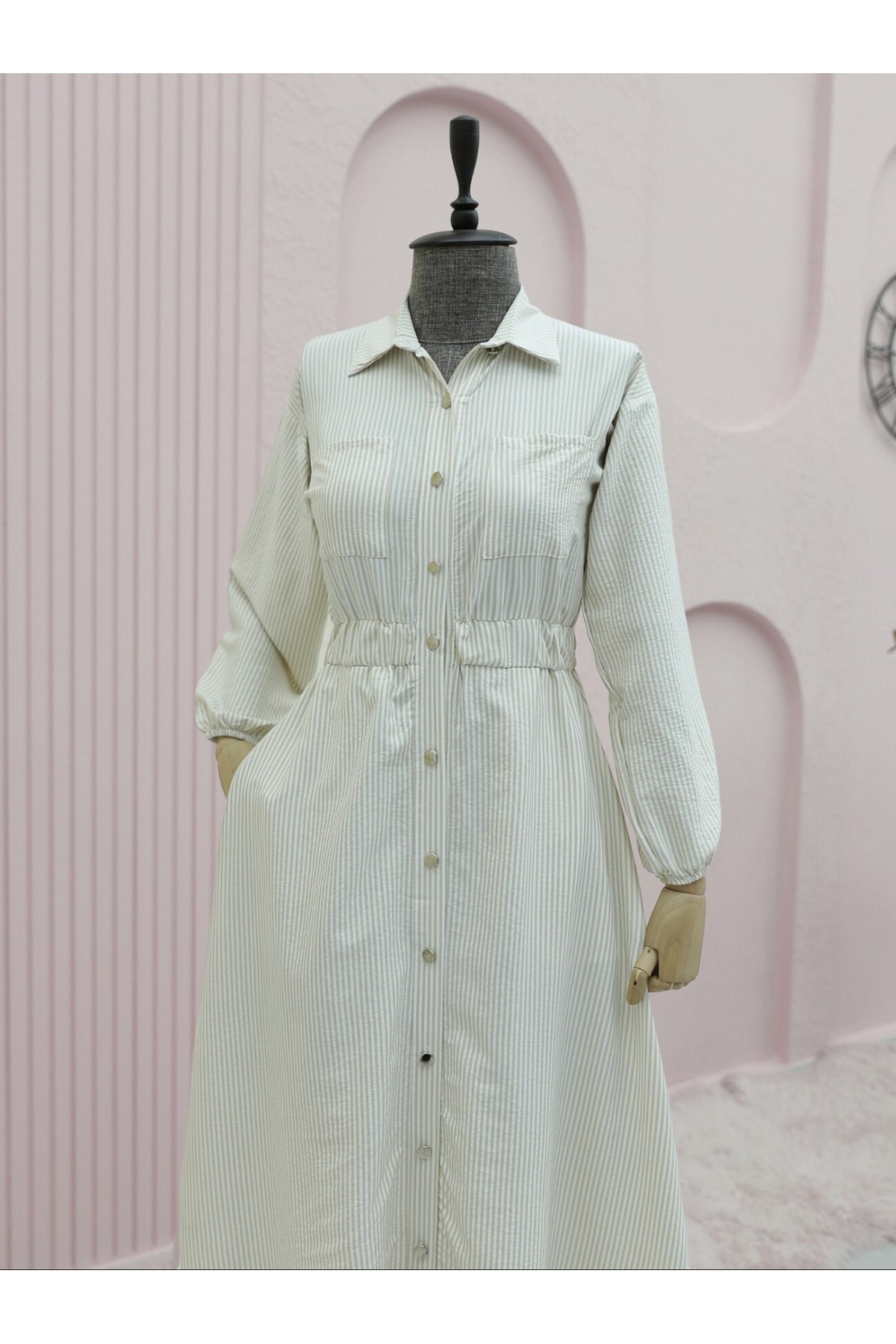 Striped Dress with Elastic Waist and Buttons - Beige detay görseli