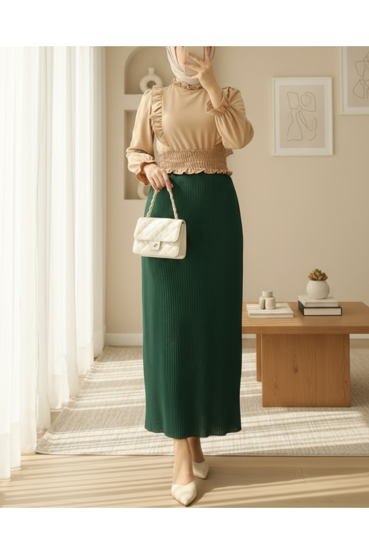 Pleated Pencil Skirt with Elastic Waist -Emerald