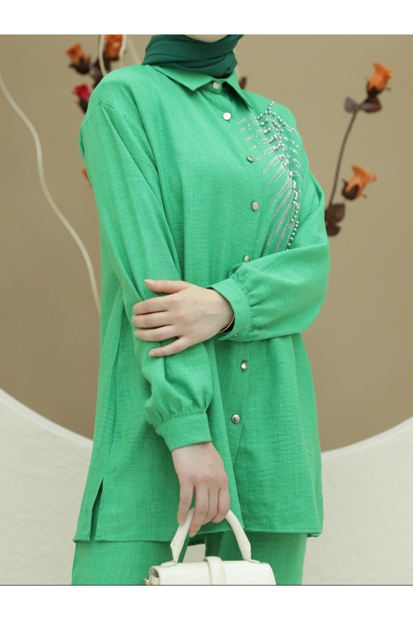 Beaded Buttoned Double Linen Suit -Green