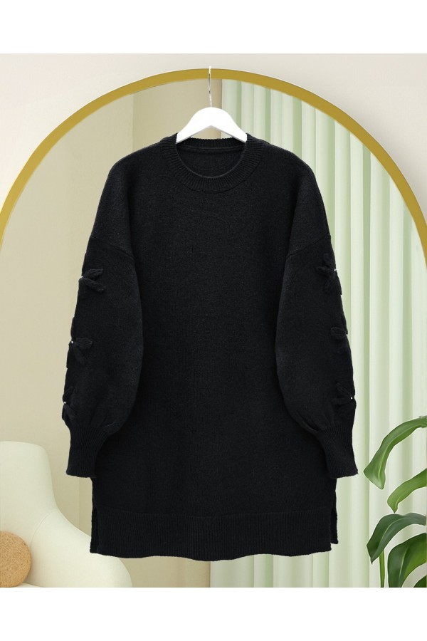 Round Neck Soft Knit Sweater with Flower Detail on the Sleeves -Black