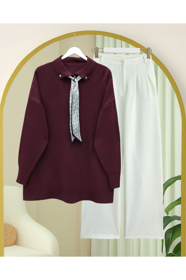 Polo Yaka Fularlı Yırtmaçlı Salaş Triko Tunik  -Bordo