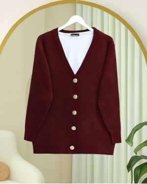 Önü Düğmeli Sakallı Salaş Triko Hırka -Bordo