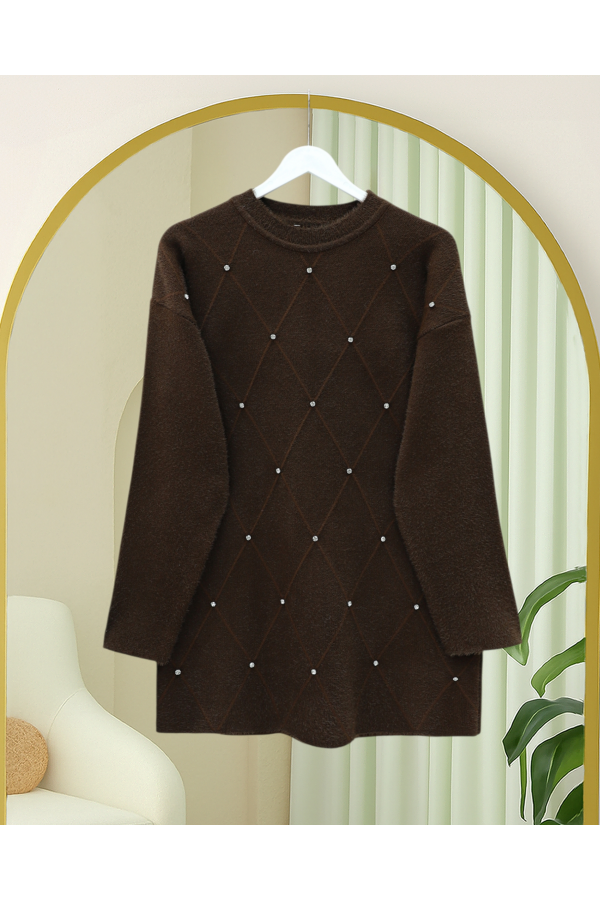Stone Detail Baklava Pattern Textured Knit Tunic -Brown