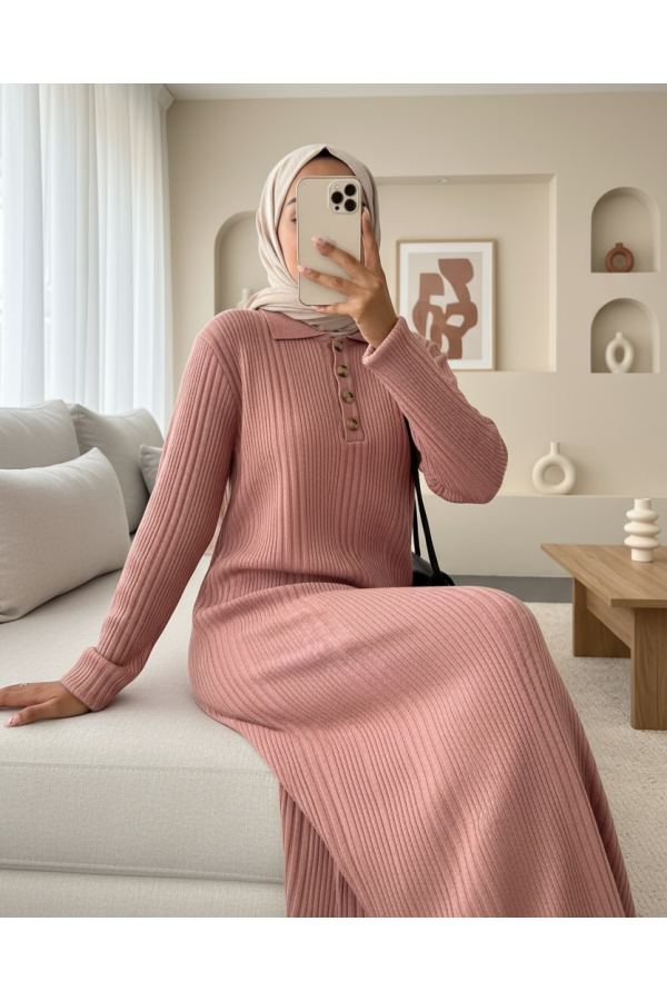Polo Yaka Düğmeli Triko Elbise -G.Kurusu