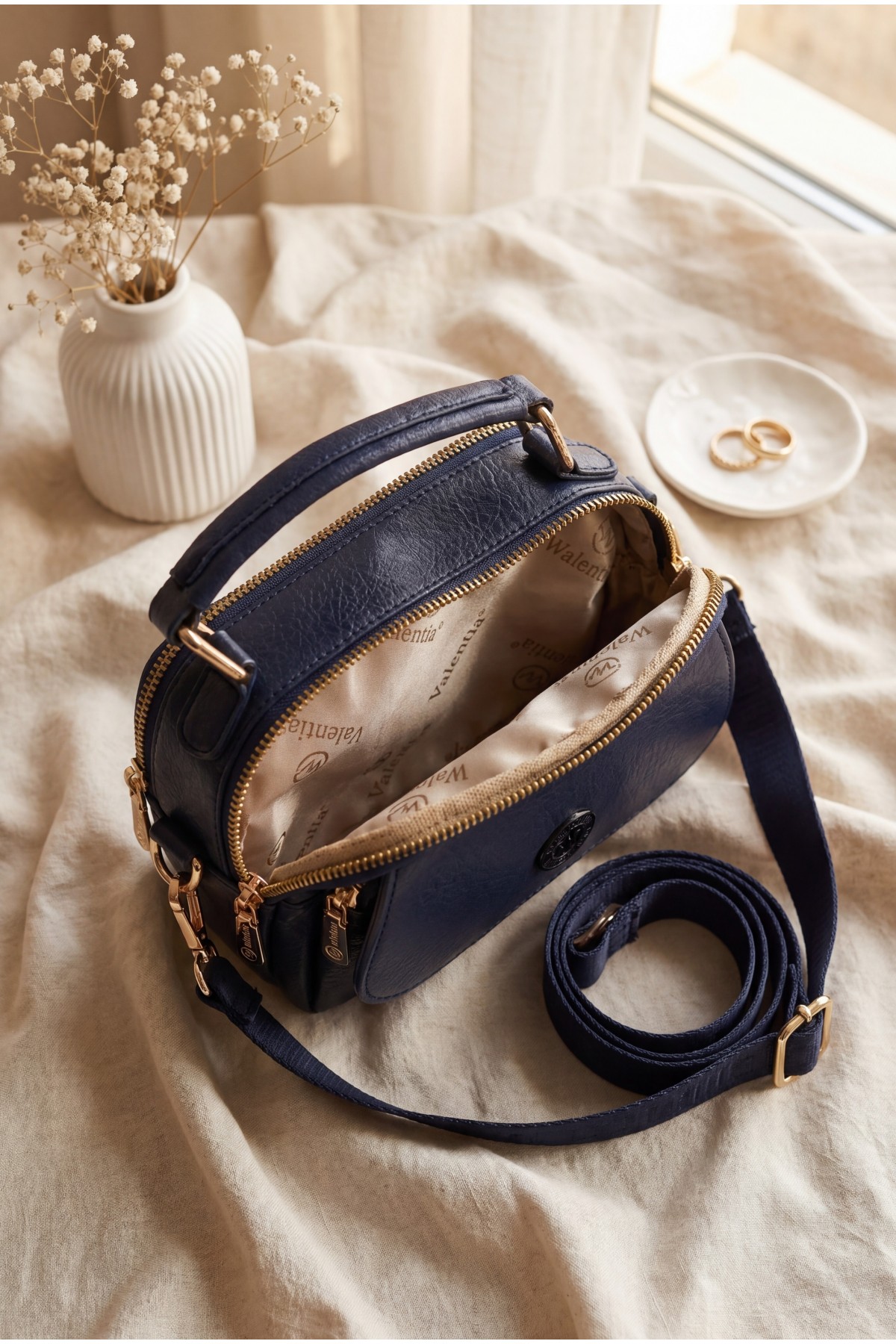 Wide Woven Strap Multi-Compartment Crossbody Women's Bag -Navy blue