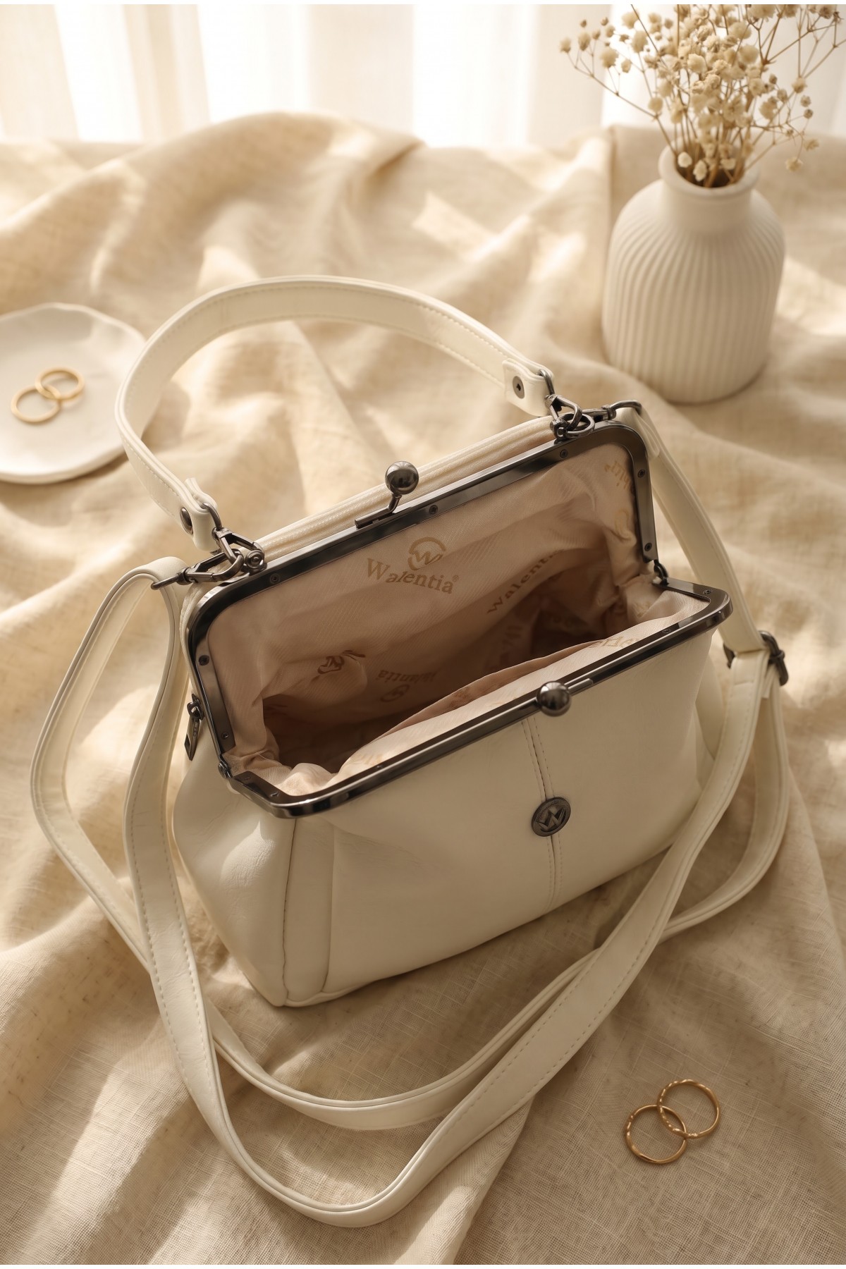Vintage Design Functional Multi-Compartment Shoulder Bag -White