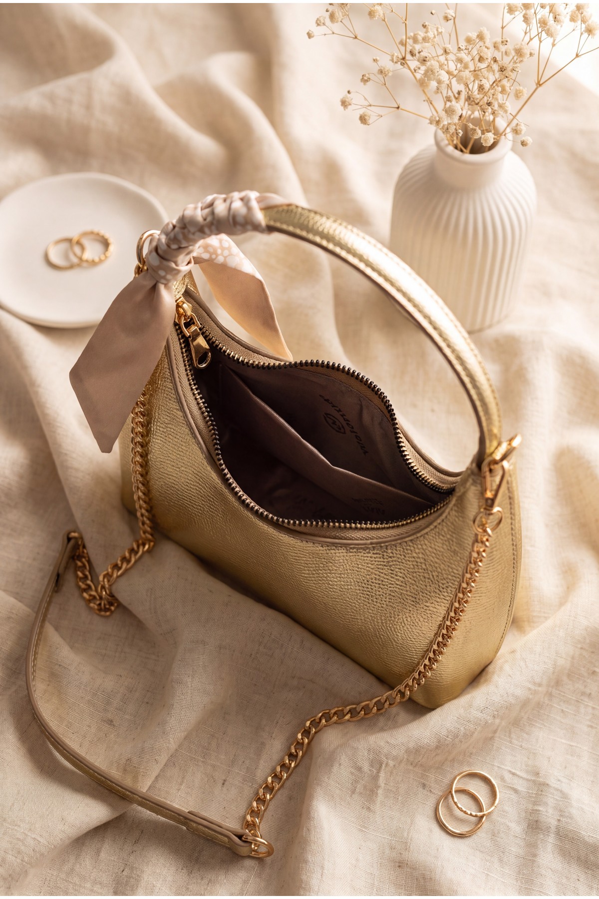 Scarf Detail Chain Strap Shoulder Bag -Gold