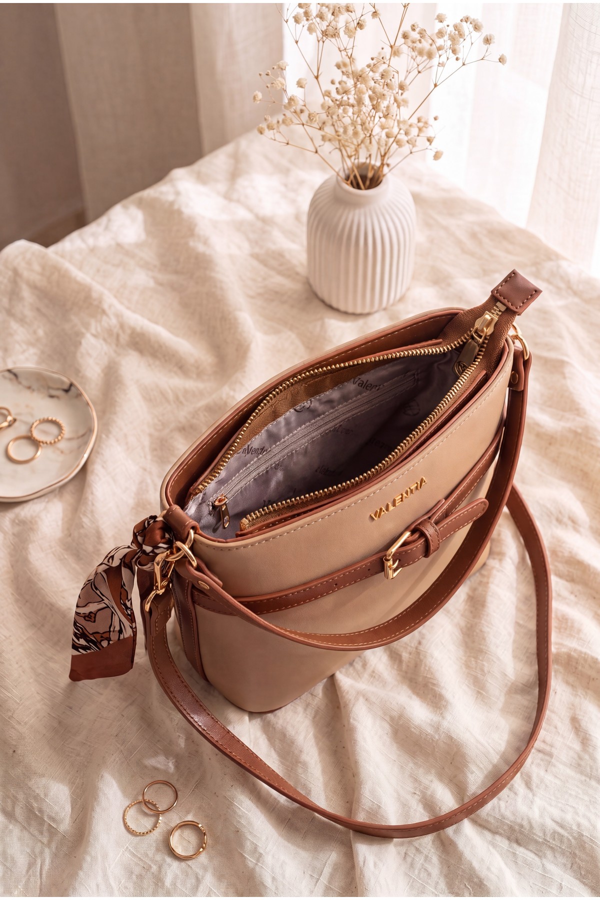 Scarf Detail Chain Strap Shoulder Bag -Mink color
