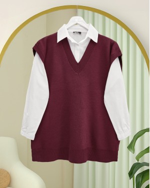 V Yaka Oversize Triko Süveter -Bordo