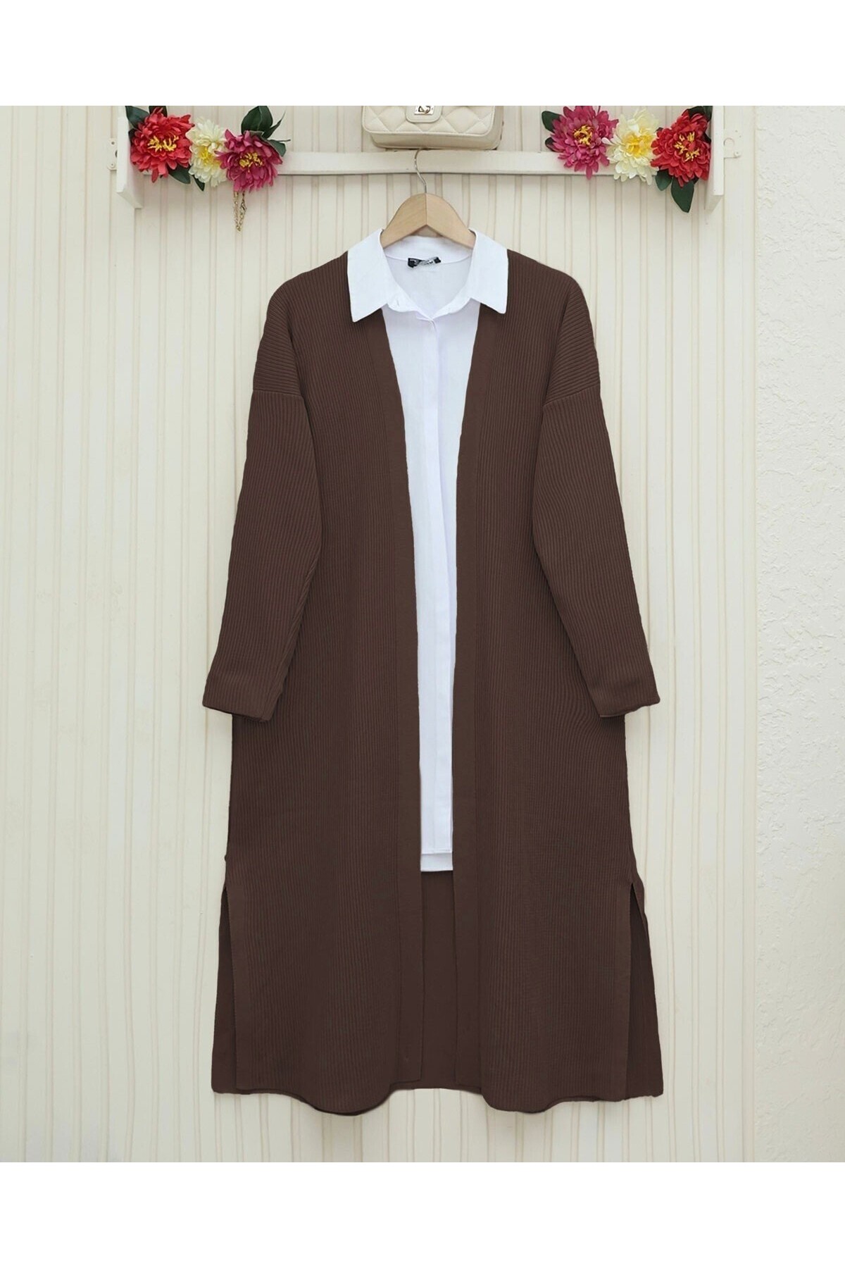 Long Knitted Cardigan with Side Slits -Brown