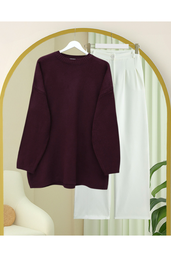 Round  Neck Loose Knit Sweater -Maroon