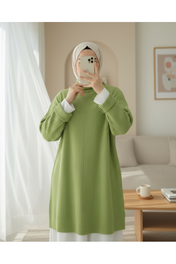 Half Neck Slit Knitwear Tunic   -PISTACHIO GREEN