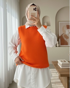 Prinç Örgü Bisiklet Yaka Süveter -Turuncu