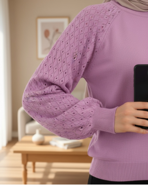 Openwork Sleeves Knitwear Sweater   -Pink