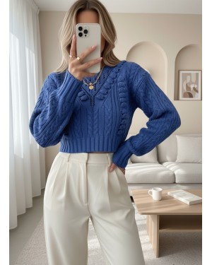 Embossed Patterned Openwork Knitted Sweater -İndigo