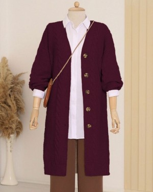 Saç Örgü Detaylı Düğmeli Kalın Triko Hırka     -Bordo