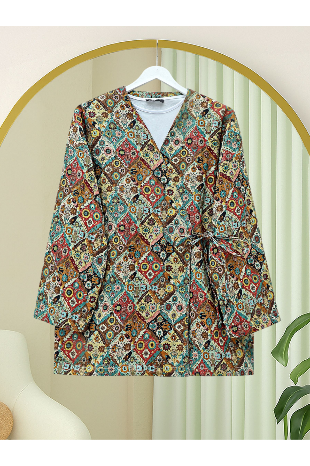 Beli Bağlamalı Cepli Desenli Astarlı Kapitone Kimono -Bej