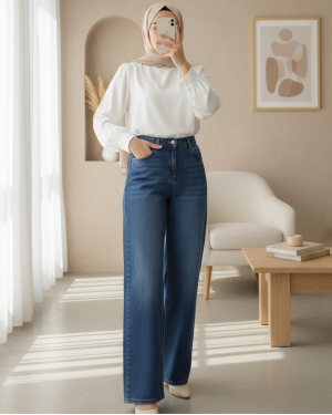 Çok Cepli Yüksek Bel Kot Pantolon  -Mavi