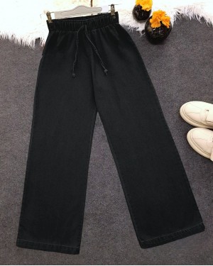 Bol Paça Beli Lastikli Bağcık Detaylı Kot Pantolon  -Siyah