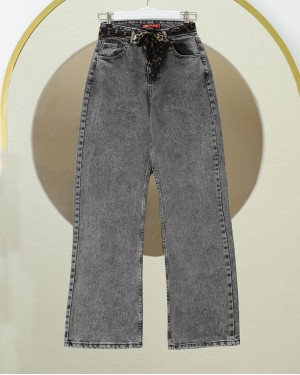 Fular Detaylı Palazzo Kot Pantolon  -Füme