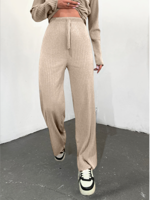 Lace Detail Loose Ribbed Trousers    - Beige