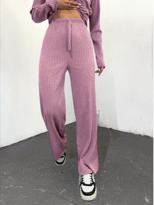 Lace Detail Loose Ribbed Trousers         -Dried rose