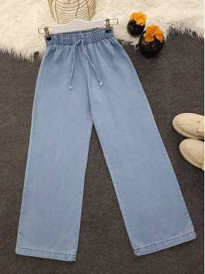 Bol Paça Beli Lastikli Bağcık Detaylı Kot Pantolon -Açık Mavi