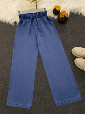 Bol Paça Beli Lastikli Bağcık Detaylı Kot Pantolon  -Koyu Mavi
