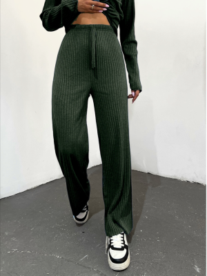 Lace Detail Loose Ribbed Trousers       -Emerald