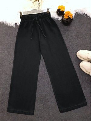 Bol Paça Beli Lastikli Bağcık Detaylı Kot Pantolon  -Siyah