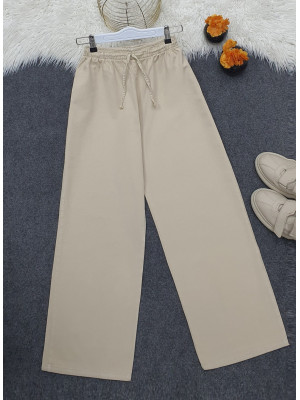 Lacing Detailed Wide Leg Linen Trousers with Elastic Waist - Beige