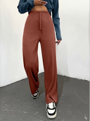 Lace Detail Loose Ribbed Trousers        -Brick color
