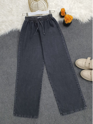 Wide Leg Waist Elastic Lacing Detail Jeans   -Anthracite