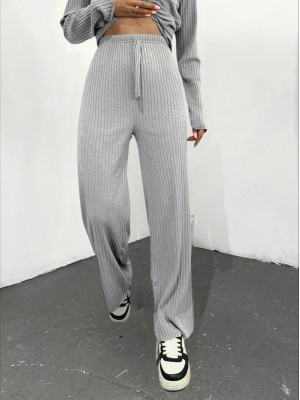 Lace Detail Loose Ribbed Trousers     - Light grey