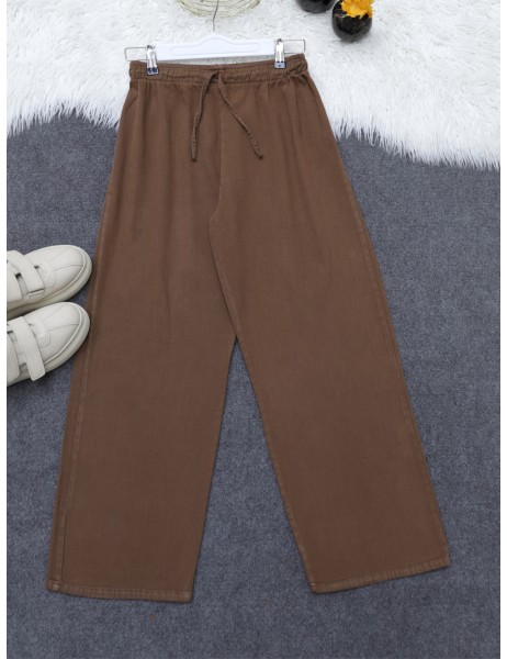 Lacing Detailed Wide Leg Linen Trousers with Elastic Waist -Brown
