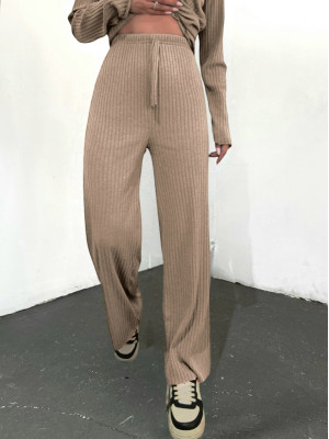 Lace Detail Loose Ribbed Trousers      -Mink color