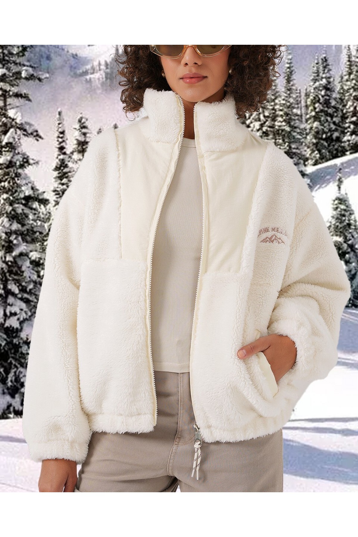 5194 Kadın Peluş Mont Ceket - Ekru