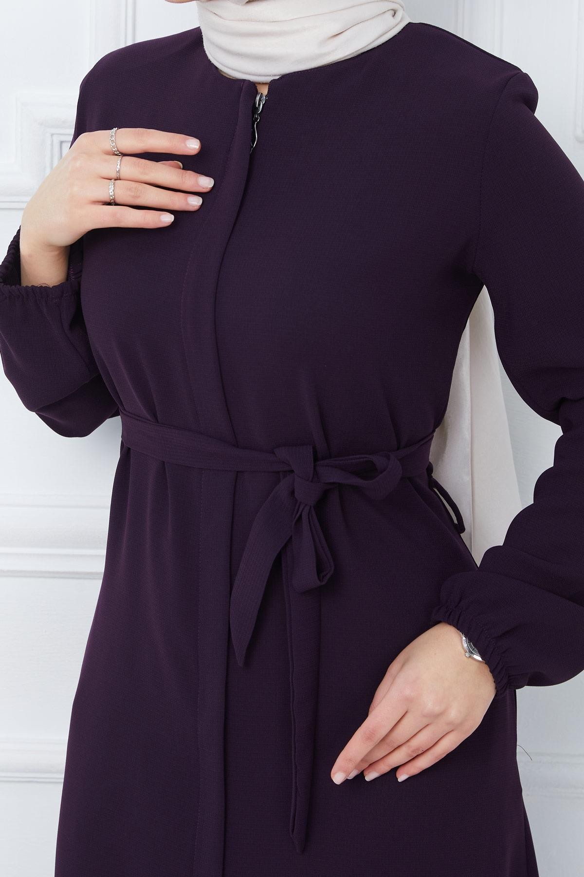 Hidden Embroidered Belted Abaya, Plum HM2361
