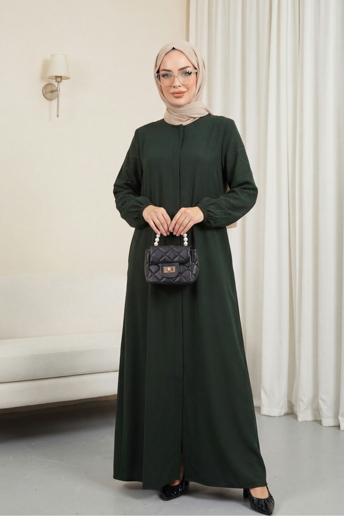 Plus Size Abaya with Stone Embellished Sleeves, Khaki HM2801