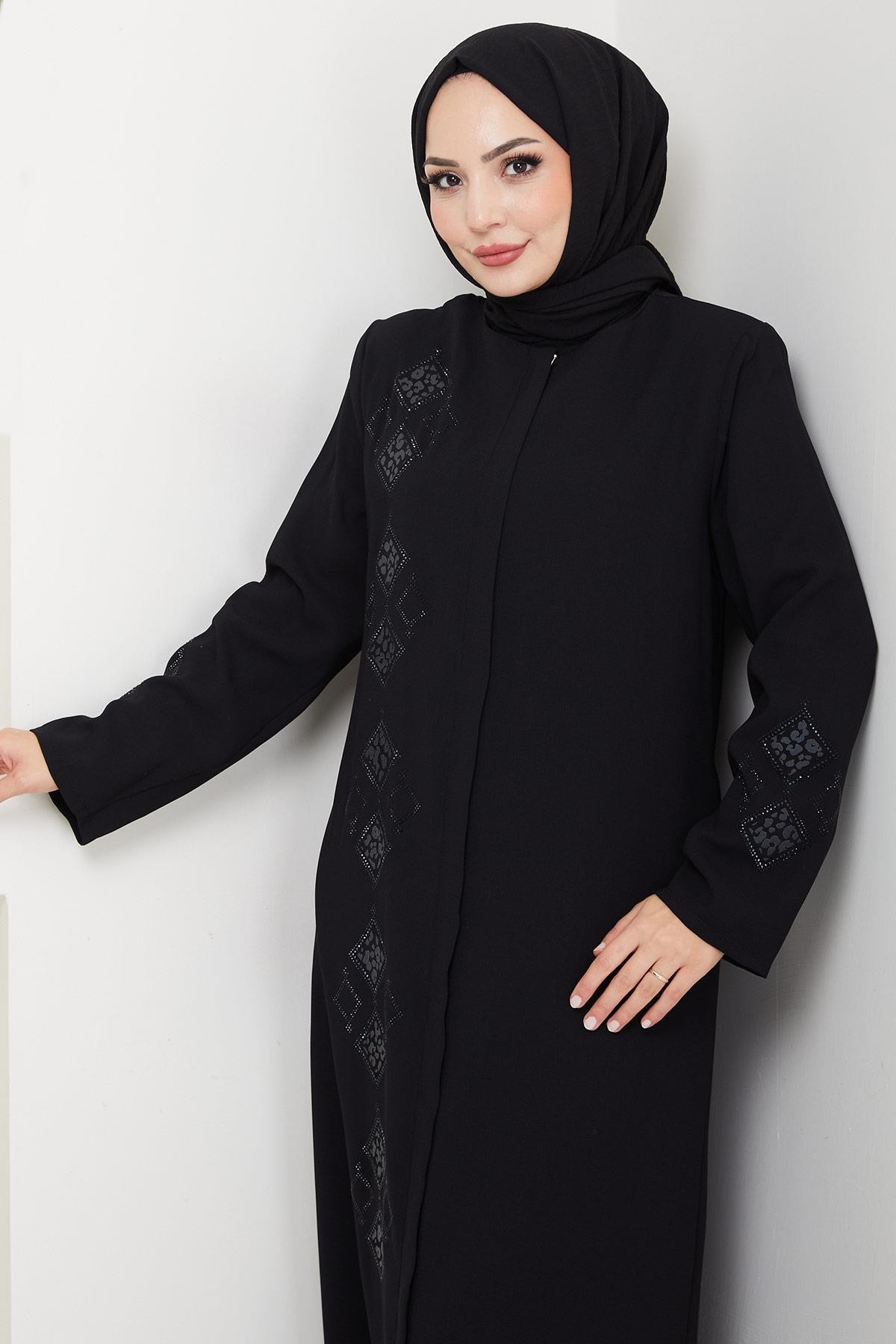 Leather Embroidered Abaya Black HM2849