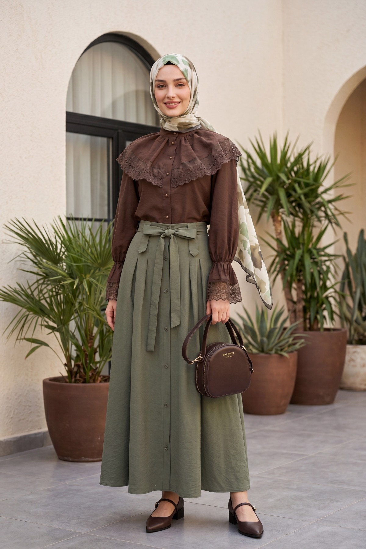 Mandarin Collar, Elasticated Sleeves, Lace Detail, Buttoned Modal Blouse -Dark Coffee