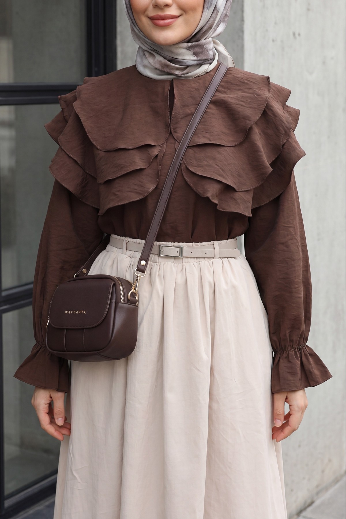 Layered Baby Collar Modal Blouse with Elasticated Cuffs -Dark Coffee