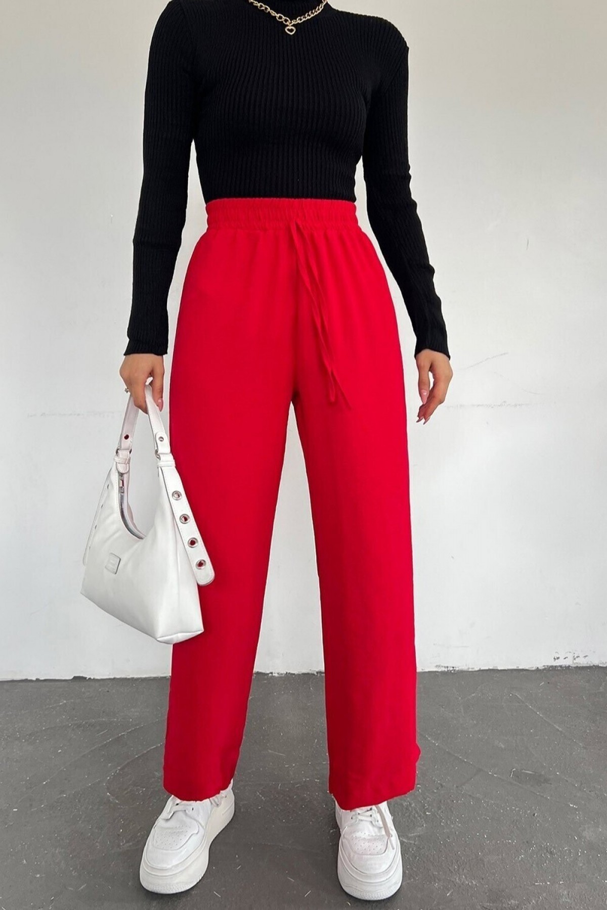 Elastic Waist Lace Detail Ayrobin Trousers -Red